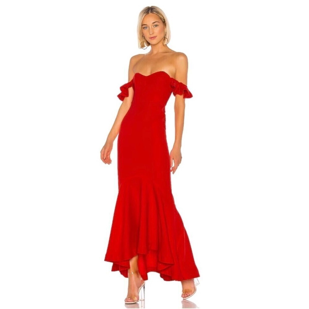 Lovers and Friends Lolita Ruffled Off Shoulder Gown Maxi Dress Fiery Red Small